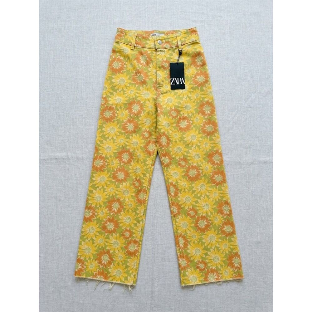 Zara The Marine Straight Sunflower Floral Print High Rise Raw Hem Jeans Size 2